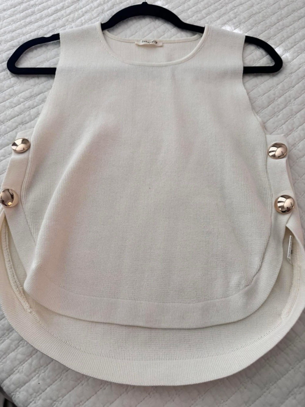 Sleeveless Ivory Knit Tank with Gold Accent Buttons